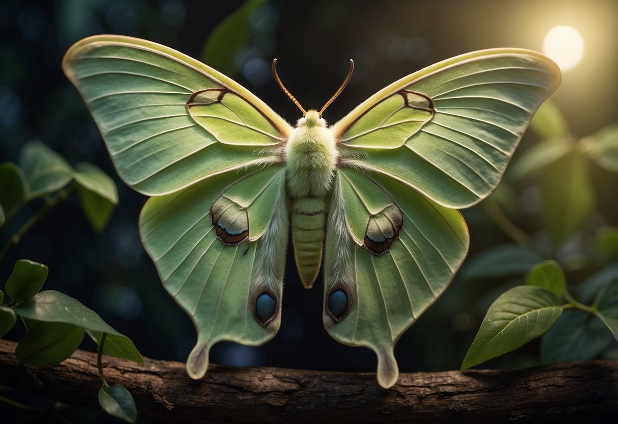 A luna moth emerges from a cocoon, its wings unfurling in the moonlight. It symbolizes spiritual transformation and the cyclical nature of life