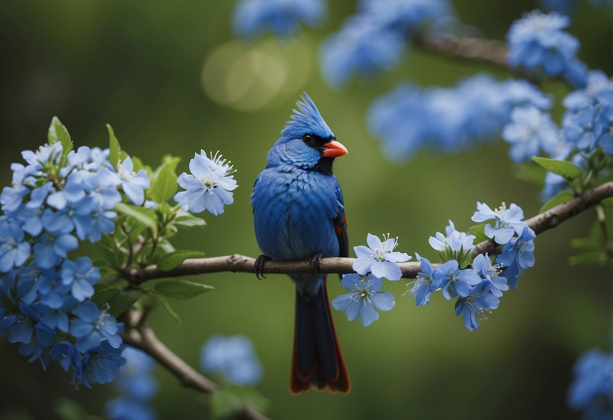 A vibrant blue cardinal perched on a branch, surrounded by lush greenery and delicate blue flowers, symbolizing spirituality and uniqueness