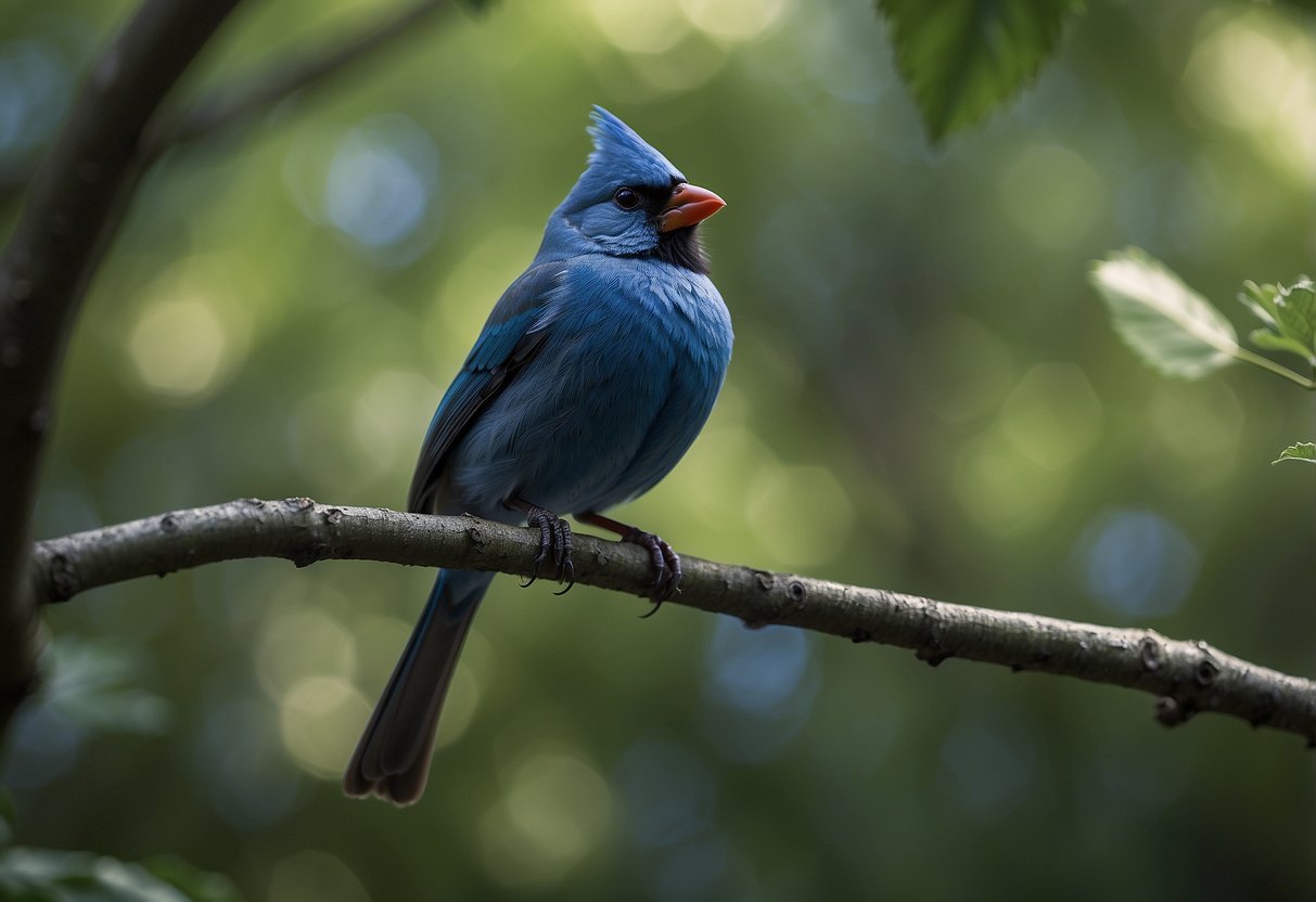 A blue cardinal perches on a tree branch, surrounded by a peaceful forest. The bird's vibrant blue feathers stand out against the green foliage, symbolizing tranquility and spiritual connection