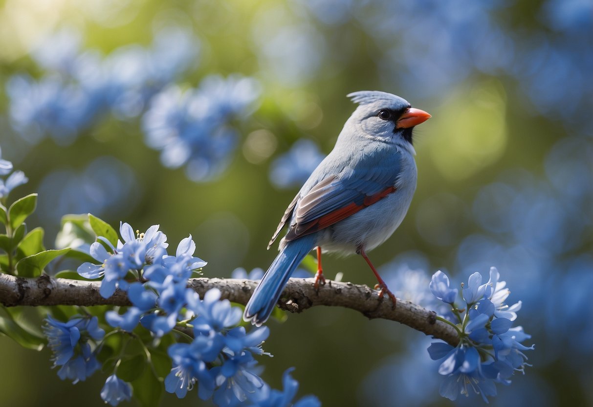 Blue Cardinals perched on tree branches, surrounded by vibrant blue flowers. Their feathers shimmer in the sunlight, symbolizing peace and spiritual guidance