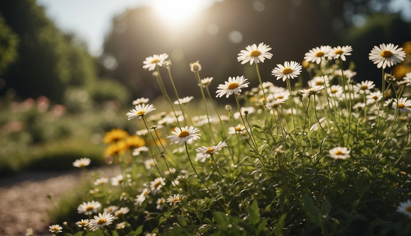 A serene garden with blooming flowers and a clear sky, with the number 420 subtly integrated into the natural surroundings