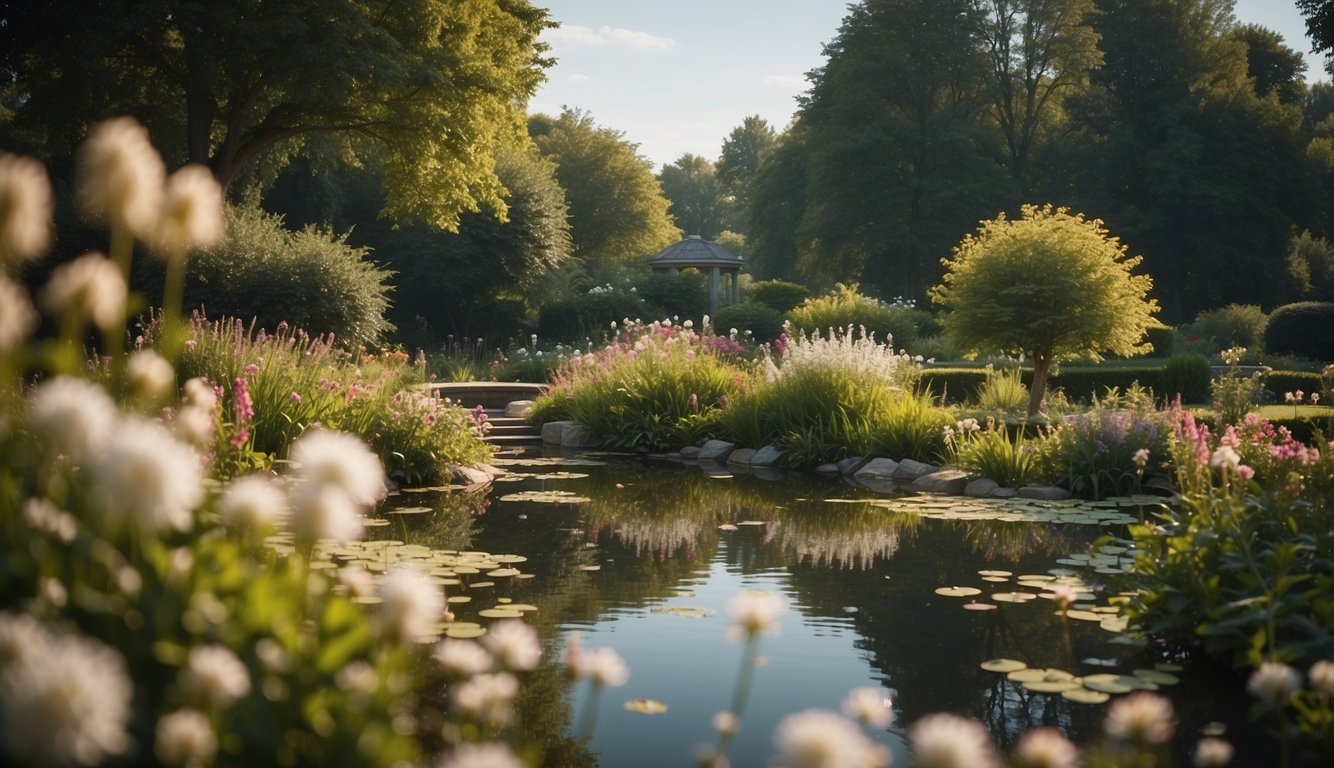 A serene garden with blooming flowers and a peaceful pond, surrounded by the numbers 420 subtly integrated into the natural elements