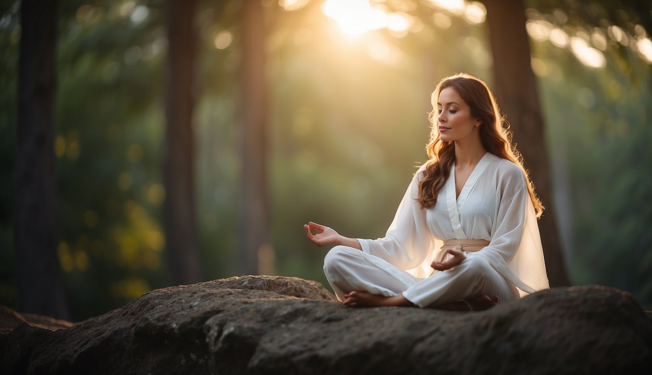 A serene figure sits cross-legged, surrounded by a soft glow, with a gentle smile and closed eyes, radiating a sense of deep inner peace and mindfulness