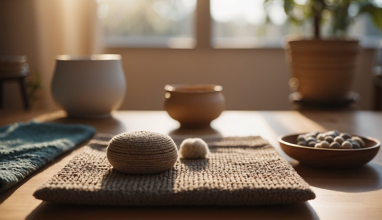 A serene, sunlit room with a cushioned meditation mat, soft incense, and a gentle breeze. Peaceful music plays in the background, creating a calming atmosphere for a loving-kindness meditation session