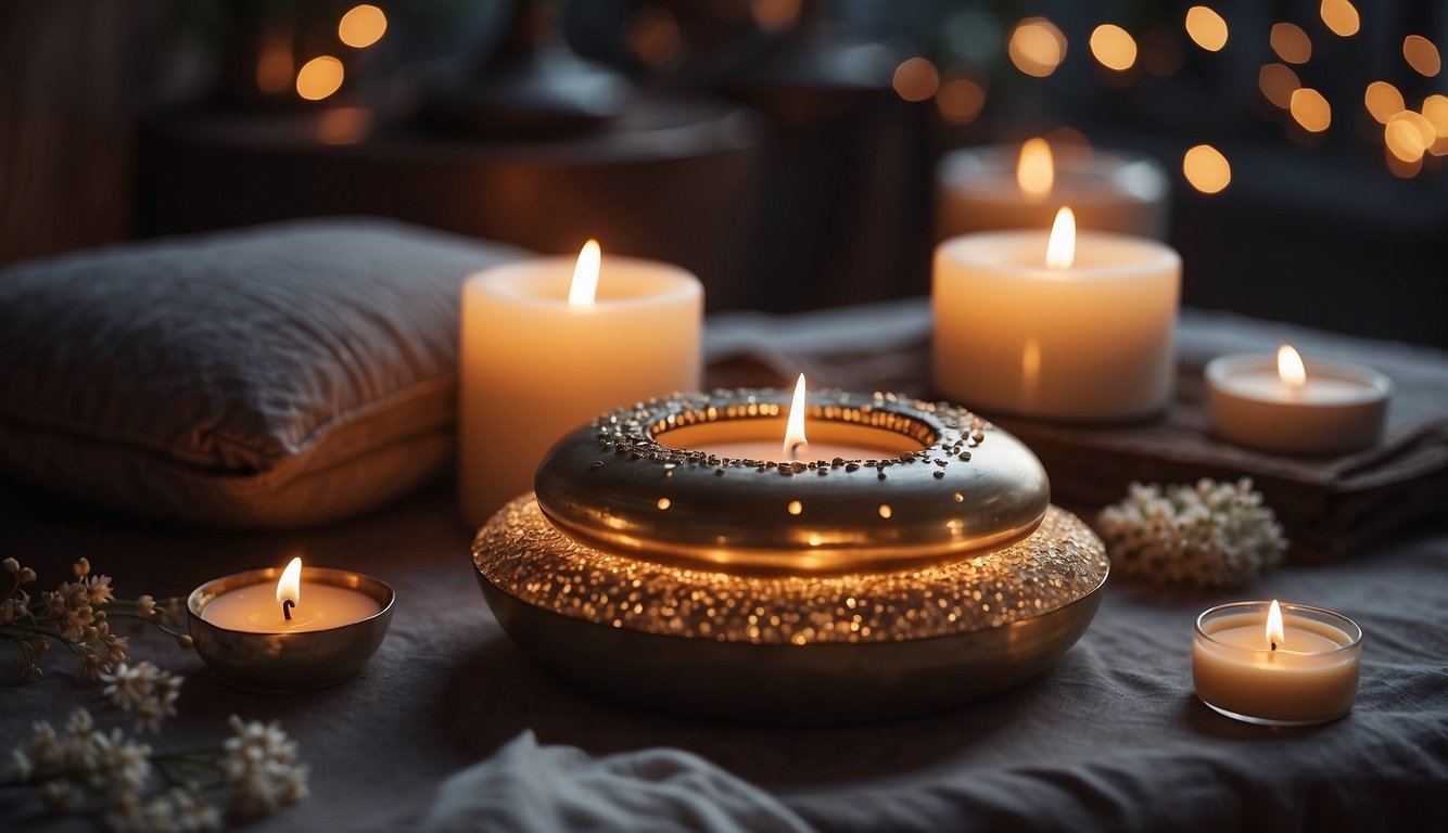 A serene setting with candles, incense, and a cozy meditation cushion. A peaceful atmosphere with soft lighting and a sense of tranquility