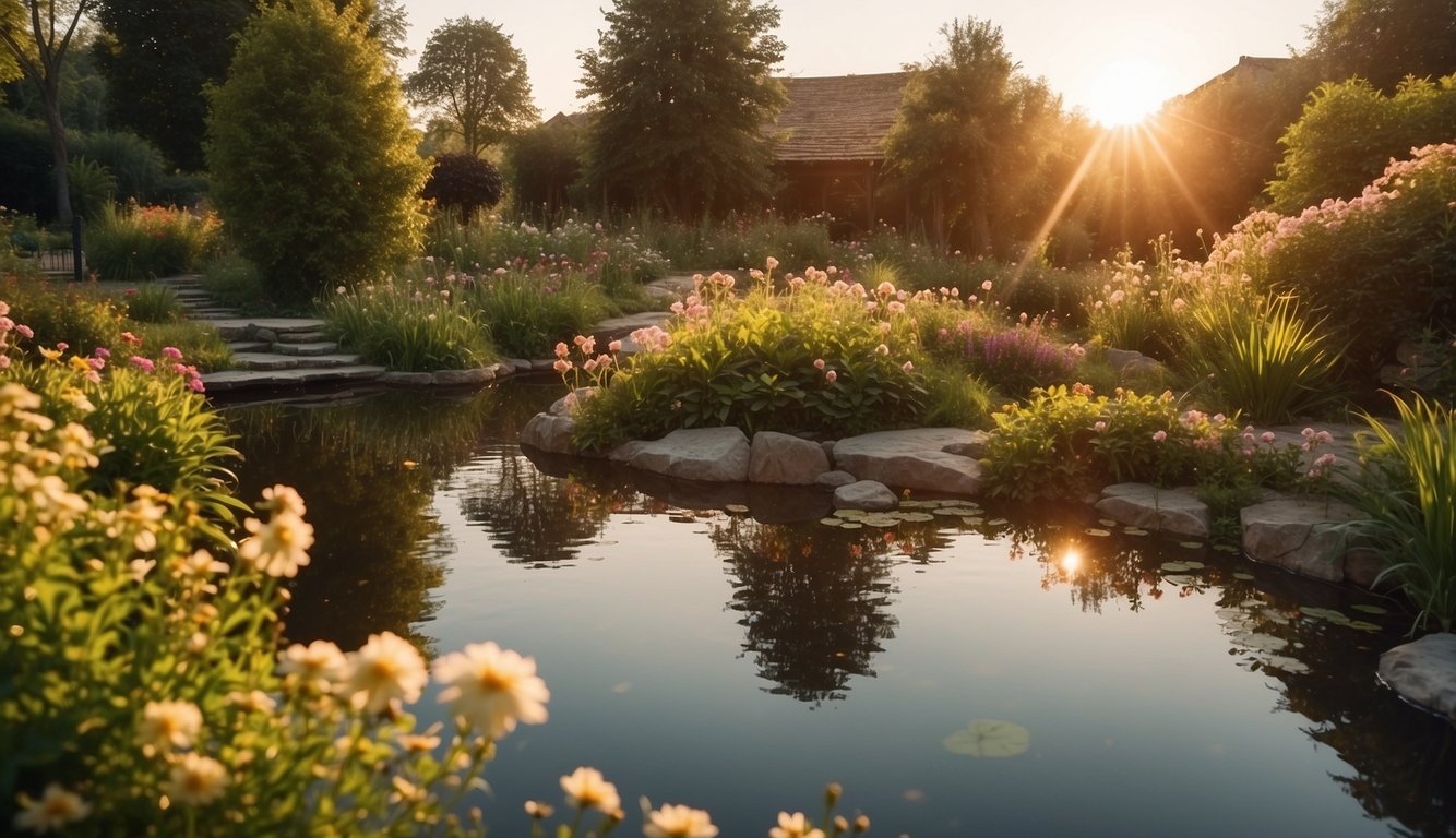 A serene garden with a peaceful pond, surrounded by lush greenery and blooming flowers. The sun is setting, casting a warm glow over the tranquil scene