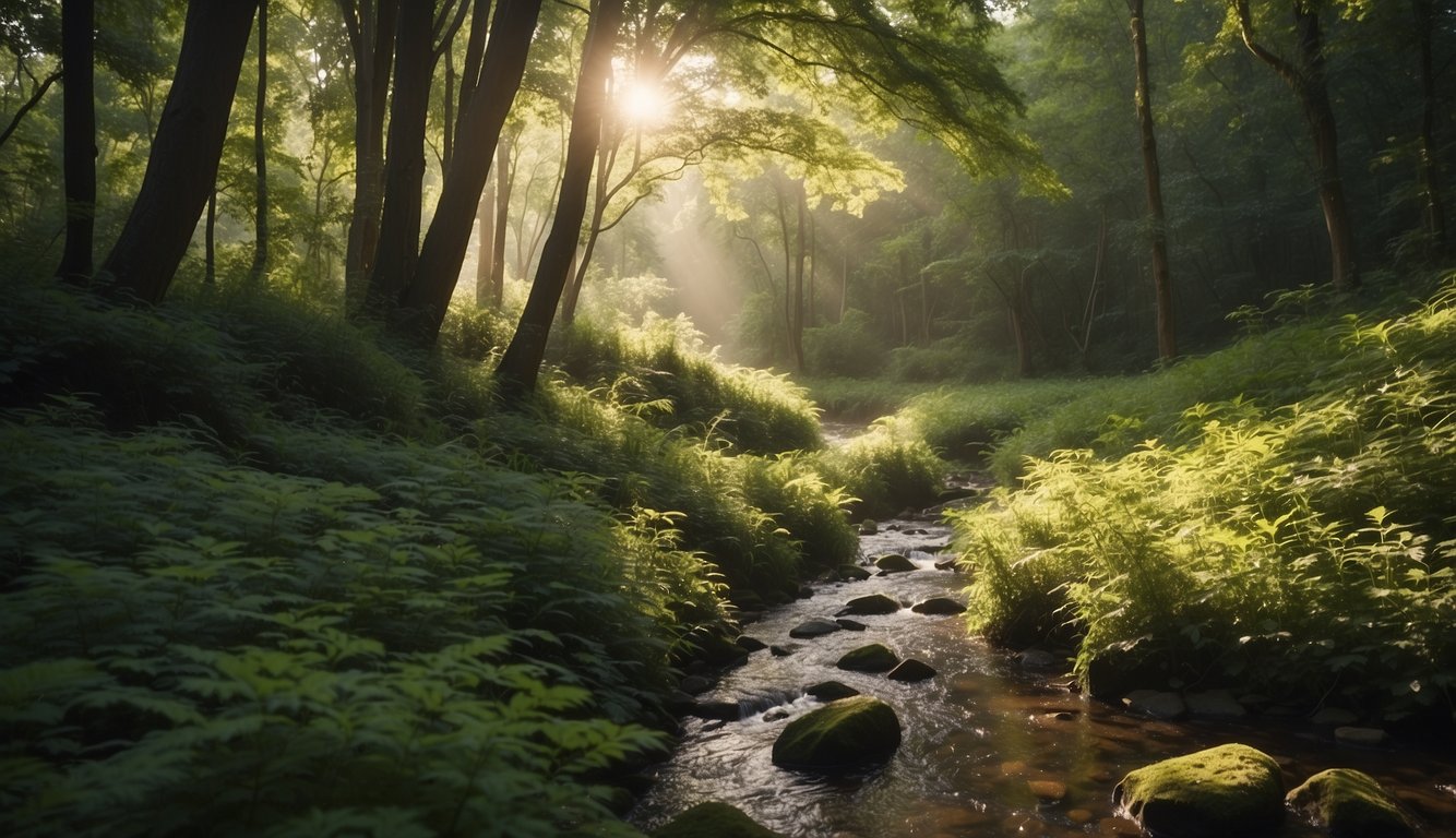 A serene path winds through a lush forest, dappled sunlight filtering through the leaves. A gentle stream flows nearby, birdsong fills the air