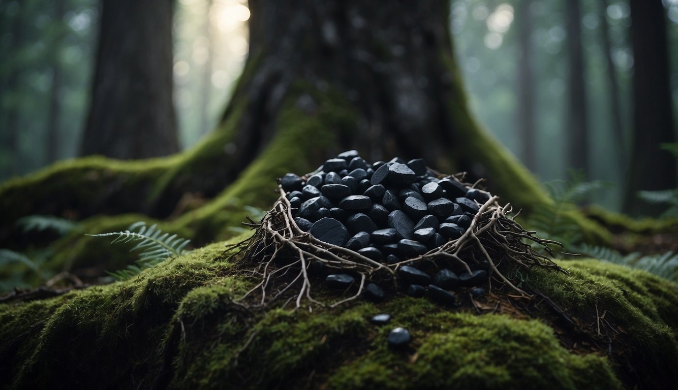 A serene, moonlit forest clearing with a cluster of black tourmaline stones nestled among the roots of an ancient tree, emanating a protective energy