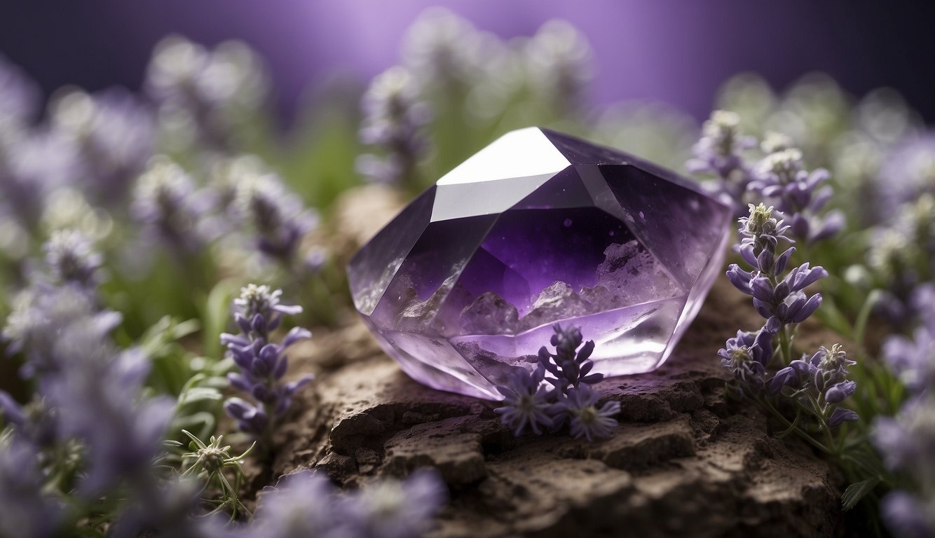 A serene amethyst crystal surrounded by calming elements like lavender and chamomile, emitting a soothing energy