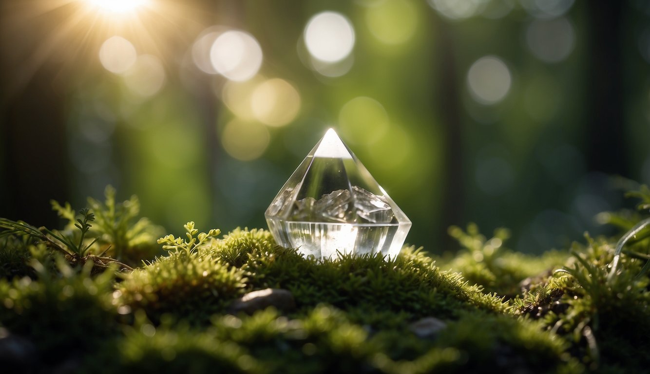 A clear quartz crystal sits on a bed of green moss, reflecting the soft light of the sun. Surrounding it are other healing crystals, each emitting a gentle glow