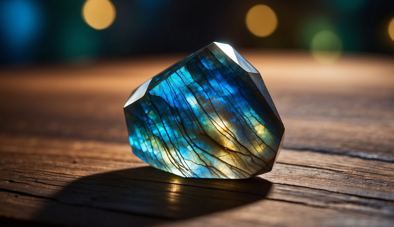 A shimmering piece of labradorite sits on a wooden table, reflecting iridescent hues of blue, green, and gold. It emanates a sense of transformation and healing energy, surrounded by other crystals