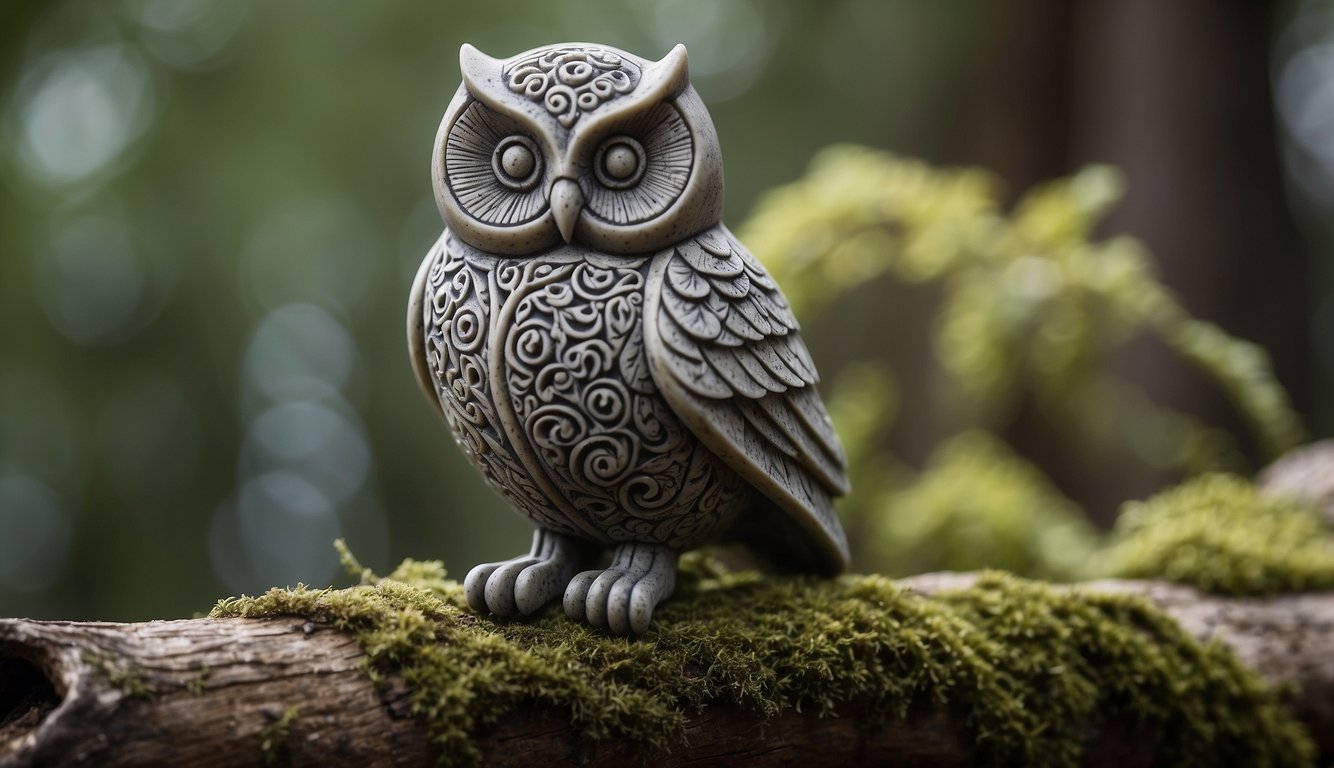 A soapstone carving of a serene and wise owl, perched on a branch with intricate patterns etched into its feathers, emanating a sense of ancient wisdom and spiritual significance