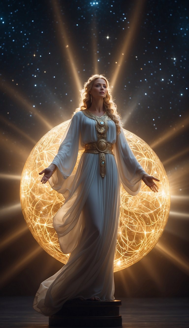 A radiant angelic figure hovers above a glowing orb, surrounded by celestial symbols and a sense of divine presence