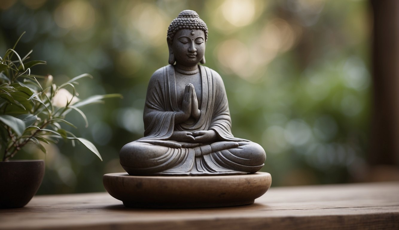 A serene soapstone sculpture rests on a wooden altar, emanating a sense of peace and spirituality. The soft curves and earthy colors of the stone invite contemplation and connection