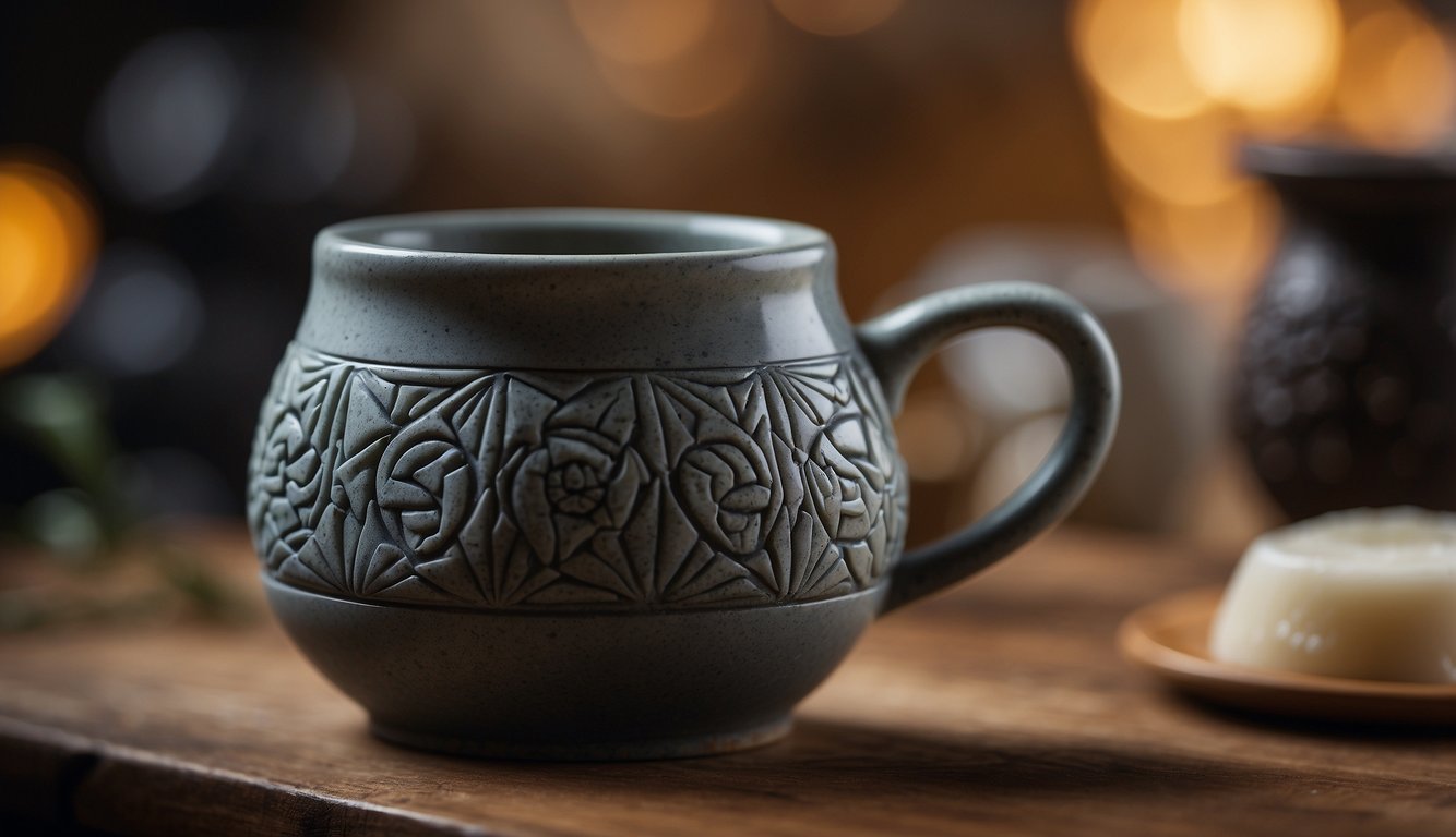 A person using a soapstone to carve a spiritual symbol on a daily use item, such as a mug or a pendant