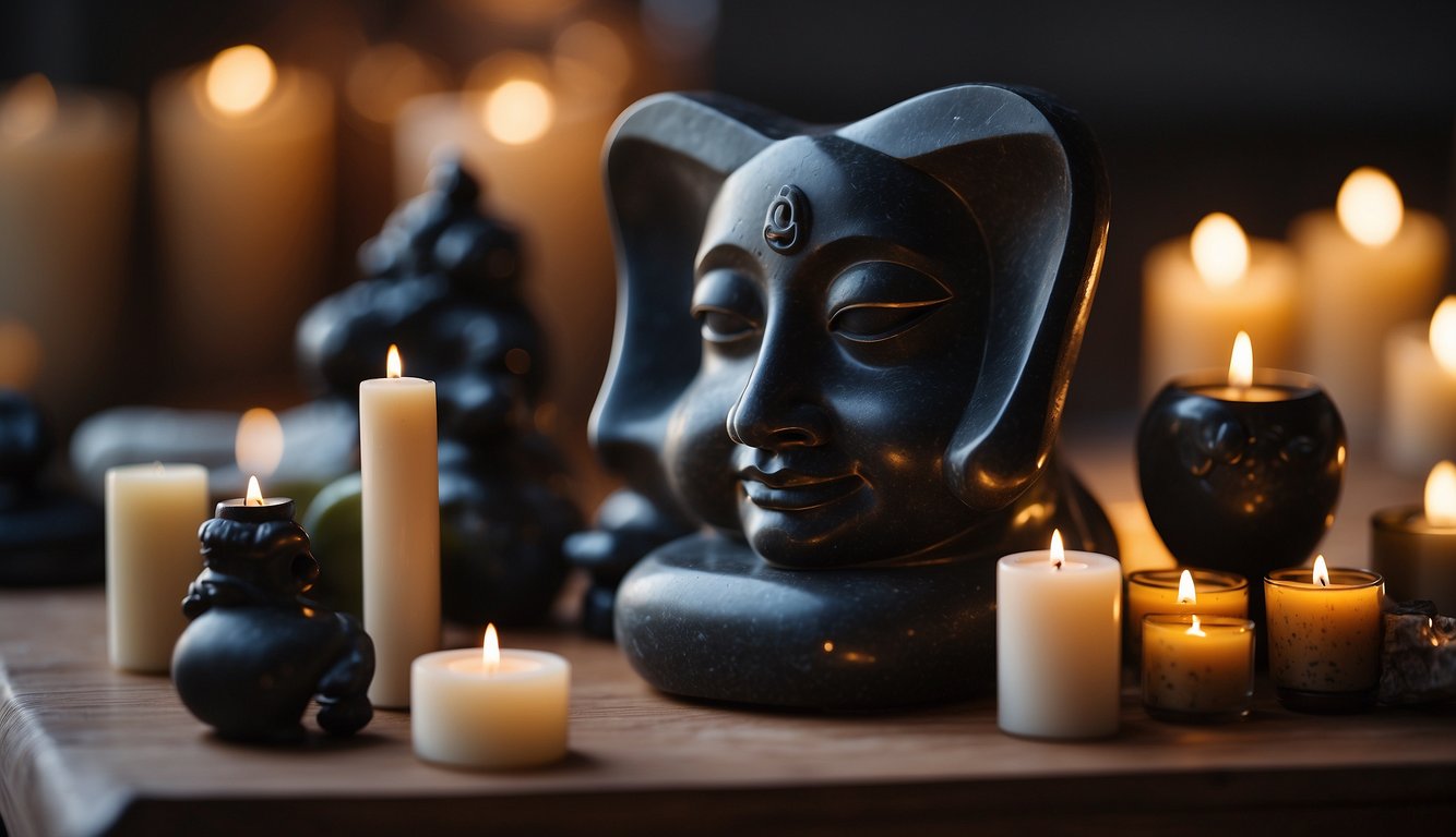 A soapstone sculpture sits on a modern altar, surrounded by candles and burning incense, symbolizing spiritual significance in contemporary culture