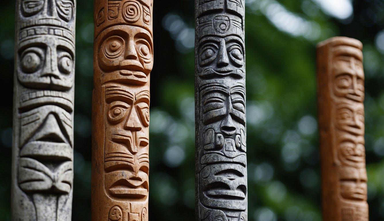 A soapstone carving of a totem pole, depicting symbols of historical significance and spiritual meaning