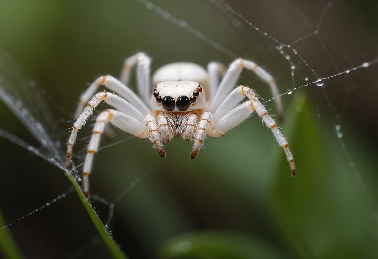 A white spider crawls delicately on a web, symbolizing purity and spiritual connection