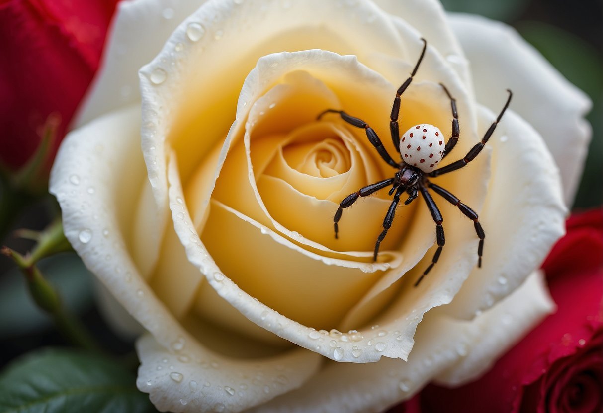 A white spider sits atop a vibrant red rose, symbolizing purity and spiritual significance. The contrast between the two colors enhances the symbolism of the scene