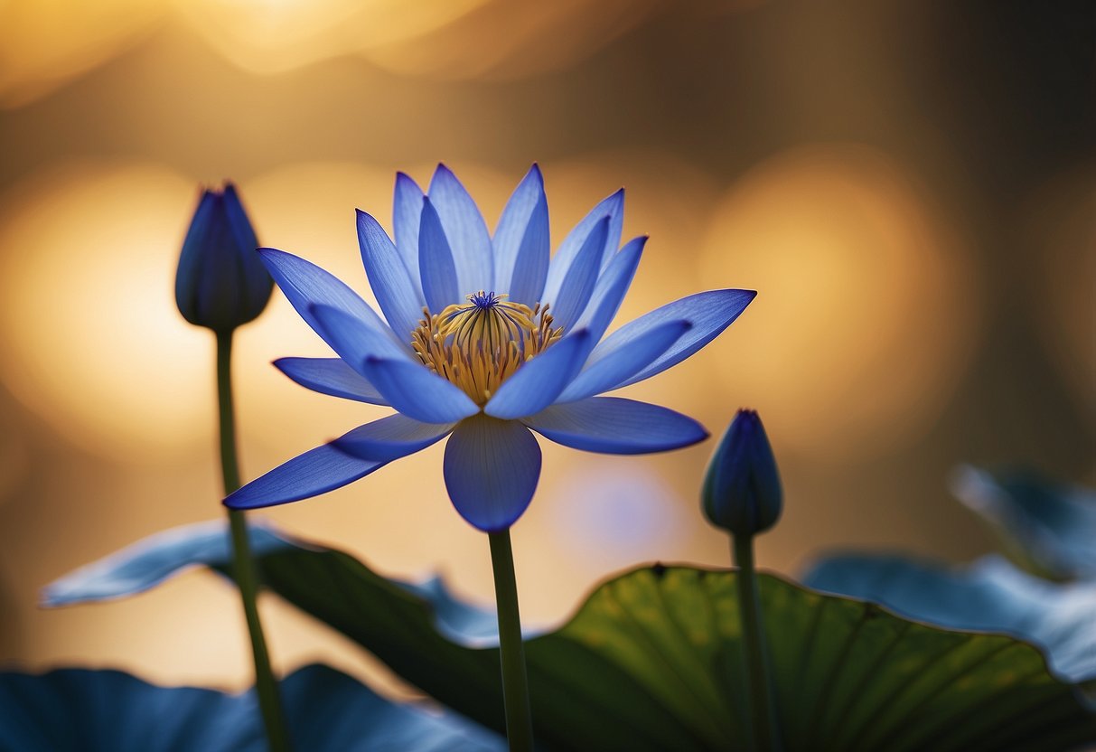 A serene royal blue lotus blooms against a golden backdrop, symbolizing spiritual depth and wisdom