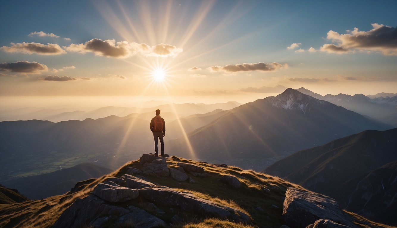 A glowing figure stands atop a mountain, surrounded by beams of light, reaching towards the sky with a sense of purpose and determination