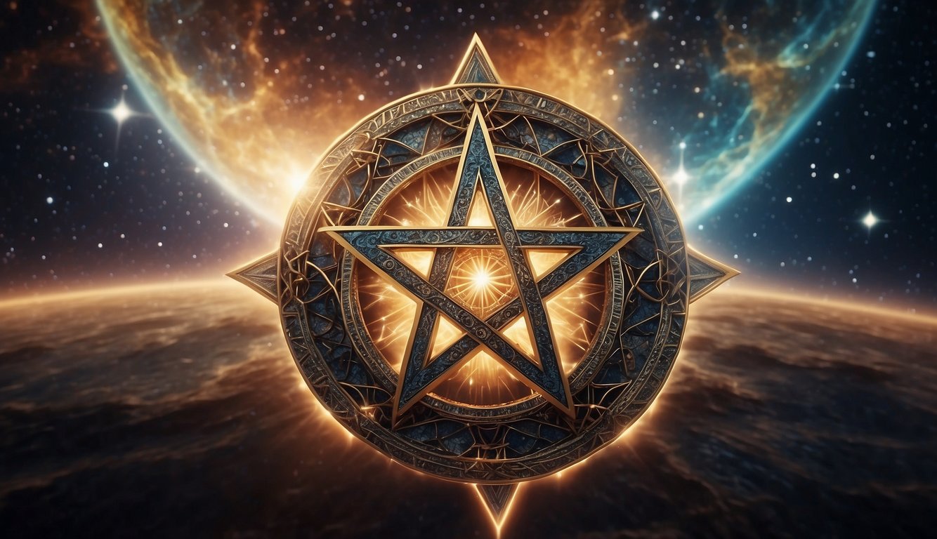 A glowing pentagram hovers above a cosmic landscape, surrounded by intricate geometric patterns and pulsating with spiritual energy