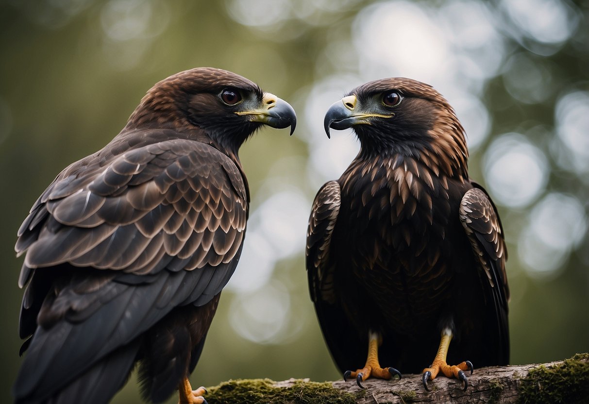 A majestic hawk and a cunning crow soar together, symbolizing the duality of challenge and transformation in the spiritual realm