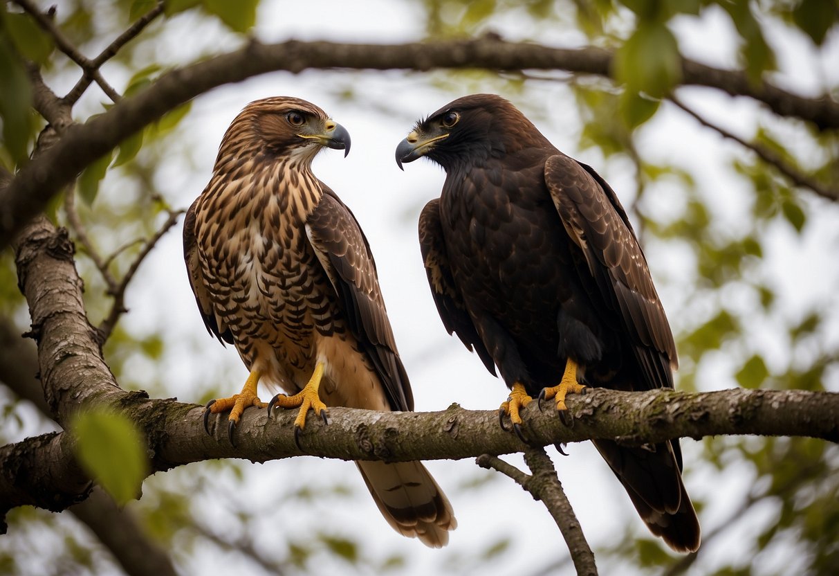 A hawk and crow perched on a tree branch, their eyes locked in a mysterious and powerful exchange, symbolizing the spiritual connection and duality present in different cultures