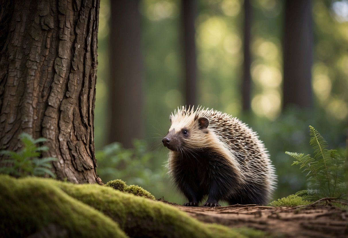 A porcupine stands tall in a serene forest clearing, surrounded by ancient trees and dappled sunlight, representing protection and resilience in the natural world