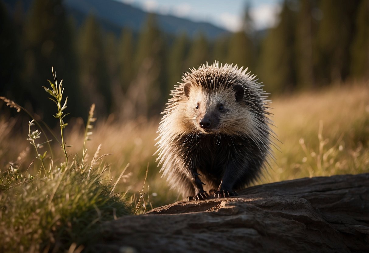 A porcupine stands tall, surrounded by symbols of protection and wisdom. Its quills shimmer with spiritual energy, conveying a sense of strength and resilience