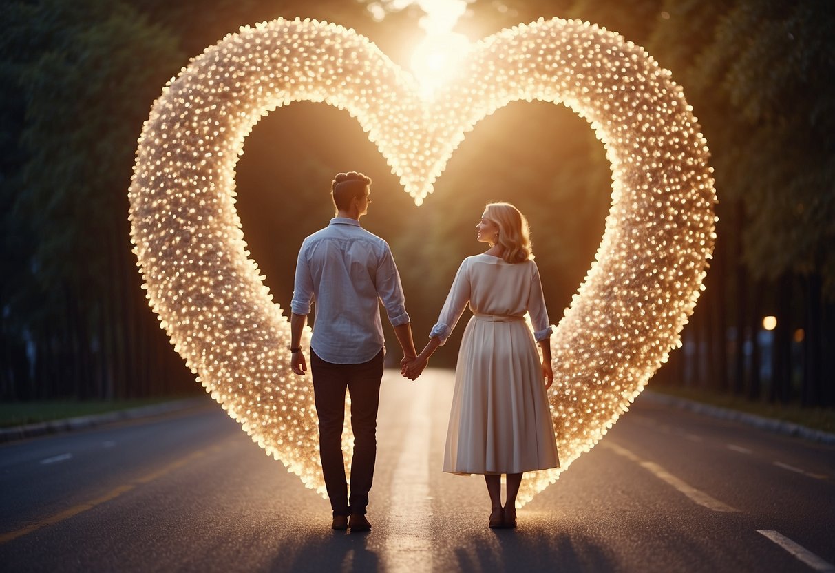 A couple standing under a glowing 443 angel number, surrounded by hearts and a sense of love and connection