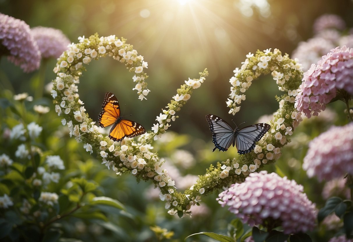 A serene garden with two intertwined 225 symbols, surrounded by blooming flowers and butterflies