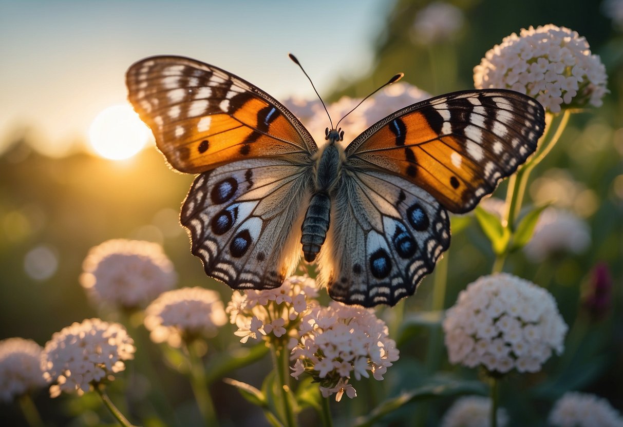 A butterfly emerging from a chrysalis, surrounded by blooming flowers and a rising sun symbolizing growth and transformation