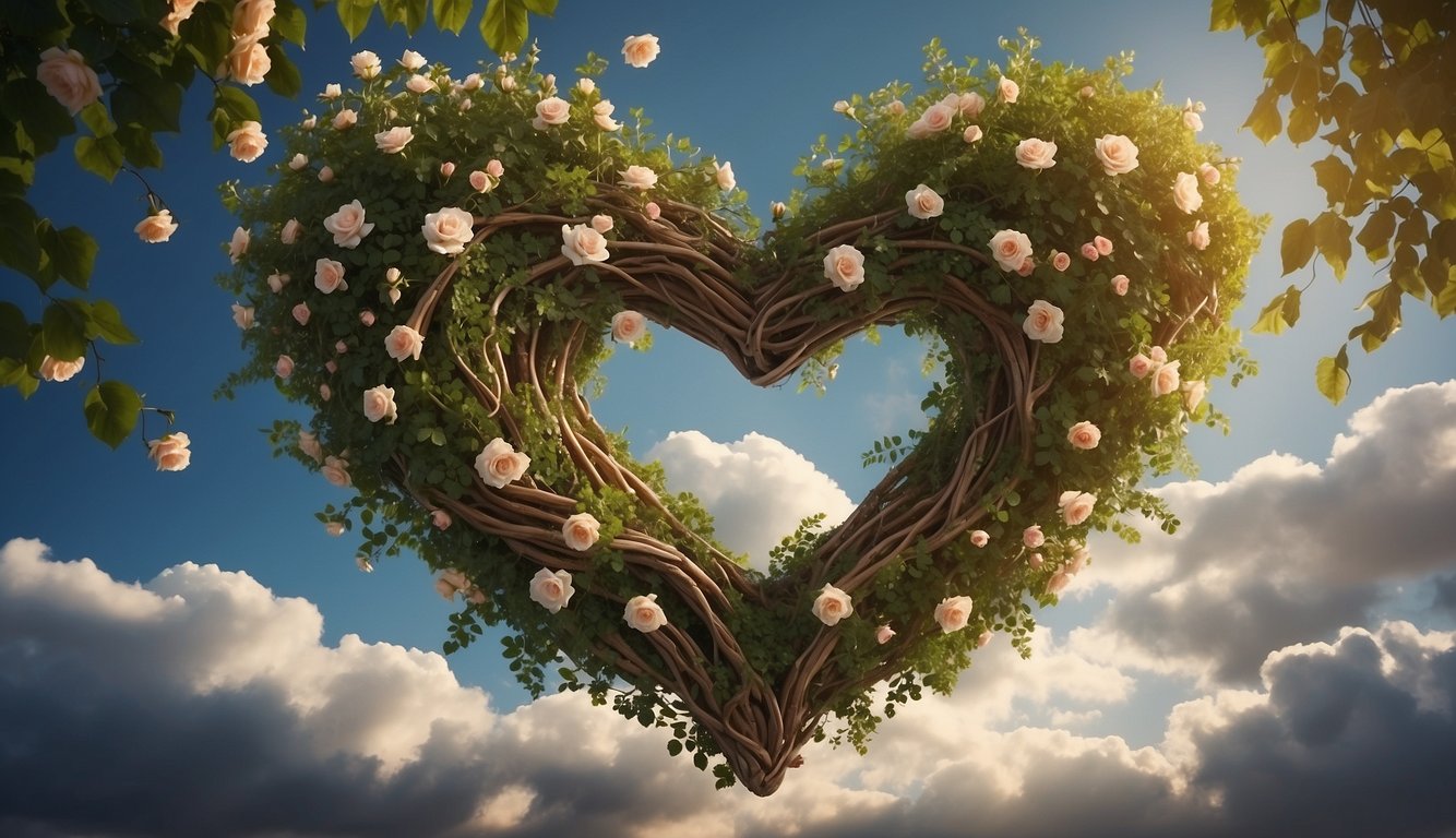 A heart-shaped cloud floats above two intertwined vines, symbolizing love and unity. The number 936 is etched into a tree trunk, surrounded by blooming flowers