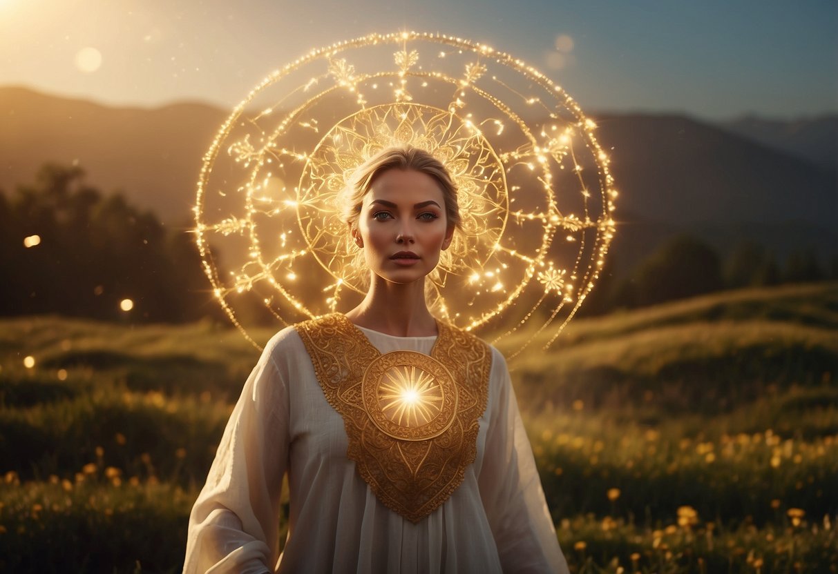 A bright celestial figure hovers above a serene landscape, radiating golden light and surrounded by swirling symbols of growth and change