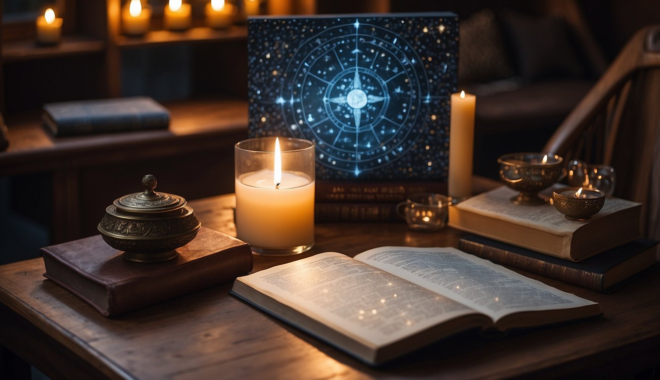 A table with zodiac symbols, a glowing star chart, and a book titled "Love Matches" on a cozy reading nook