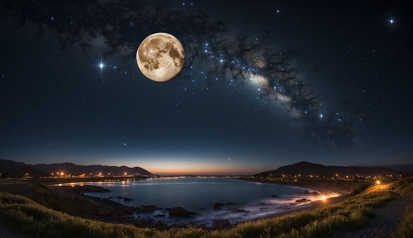 The moon waxes and wanes, casting its glow on the earth. Tides rise and fall, affecting emotions and energy. Illustrate the changing phases in a night sky, with stars and celestial bodies