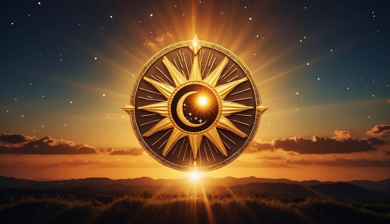 A sun and a rising sign, represented by two distinct celestial symbols, shine brightly in the night sky, each with its unique energy and presence