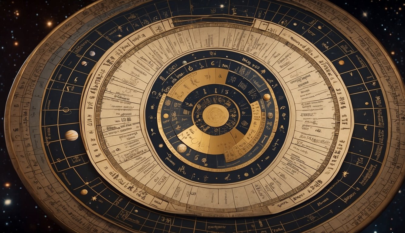 A circular chart with 12 sections, each representing a different astrological house. Symbols and text denote the positions of planets and their influence on each house