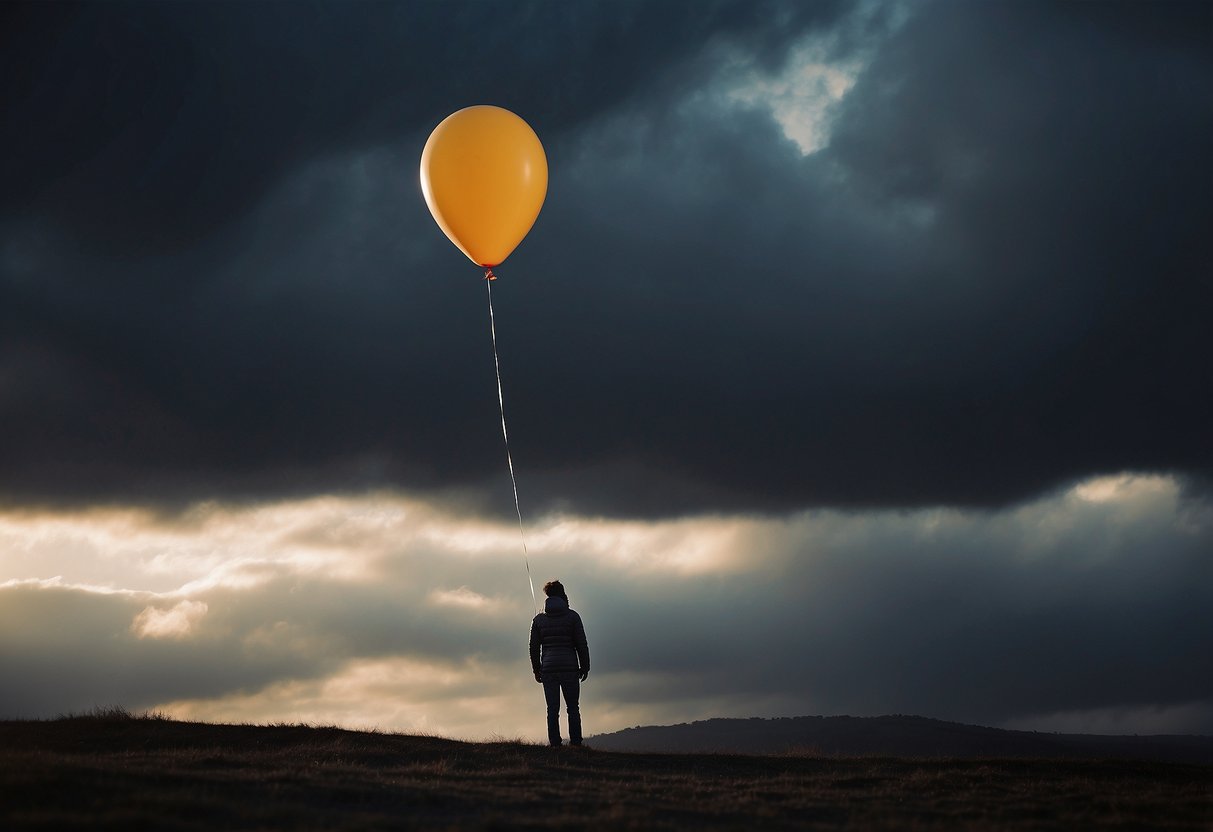 A solitary balloon floats upward, symbolizing hope and release, against a dark and moody sky