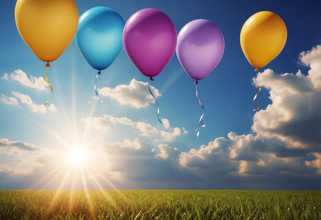 Colorful balloons float upwards, symbolizing joy and freedom. A serene sky backdrop with rays of sunlight adds a sense of spiritual significance