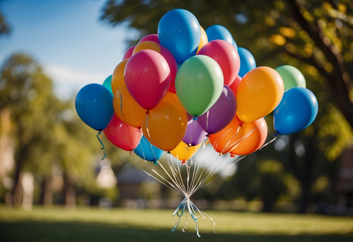 Colorful balloons float upward, symbolizing joy and celebration. A lone balloon breaks free, representing spiritual freedom and enlightenment