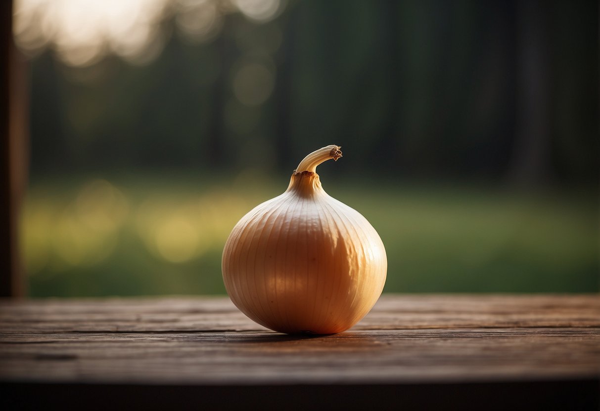 An onion bulb sits on a rustic wooden table, surrounded by soft light and a serene atmosphere, symbolizing layers of spiritual growth and inner transformation