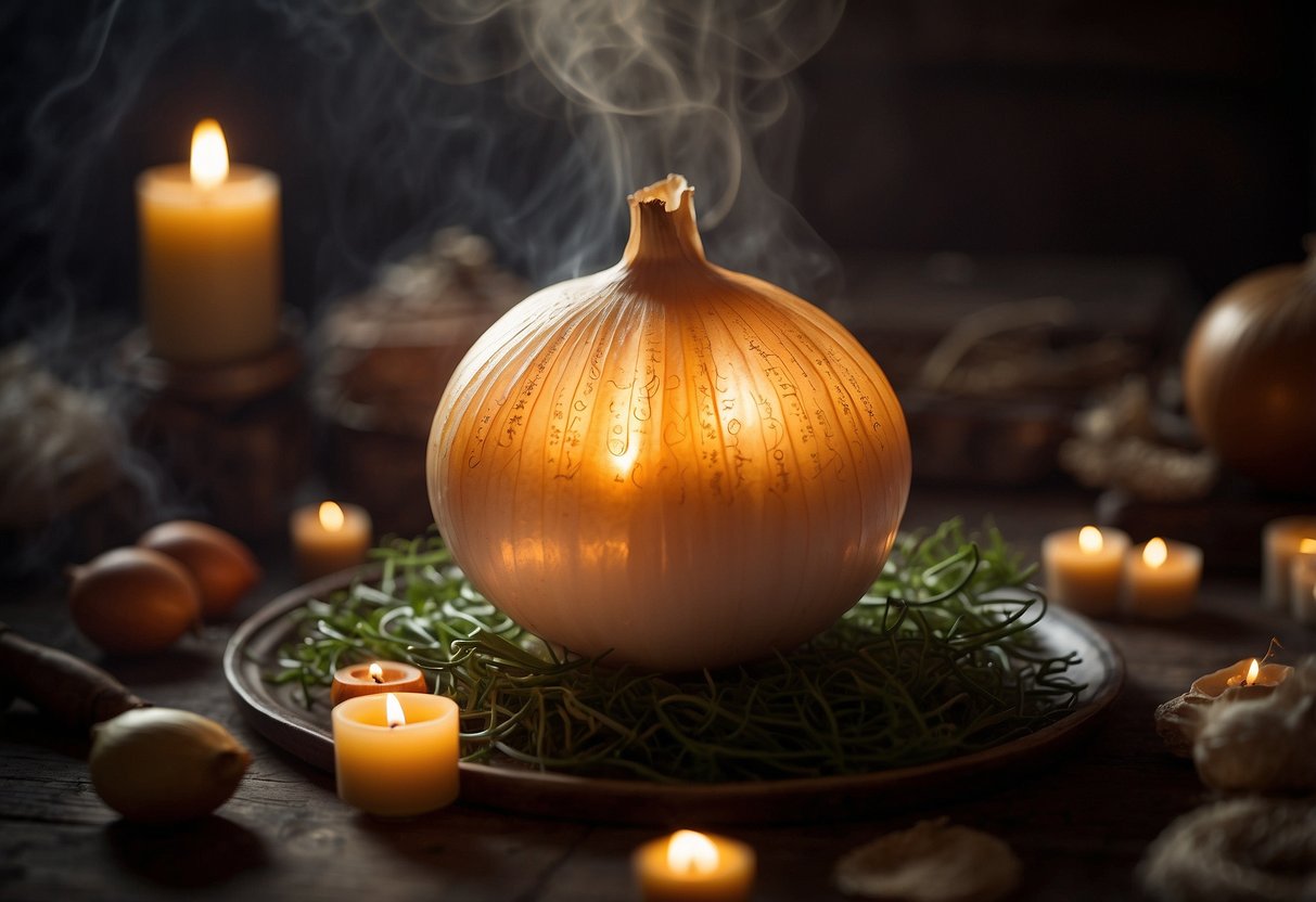 A glowing onion surrounded by incense, candles, and sacred symbols. Rays of light illuminate its layers, evoking a sense of spiritual depth and significance