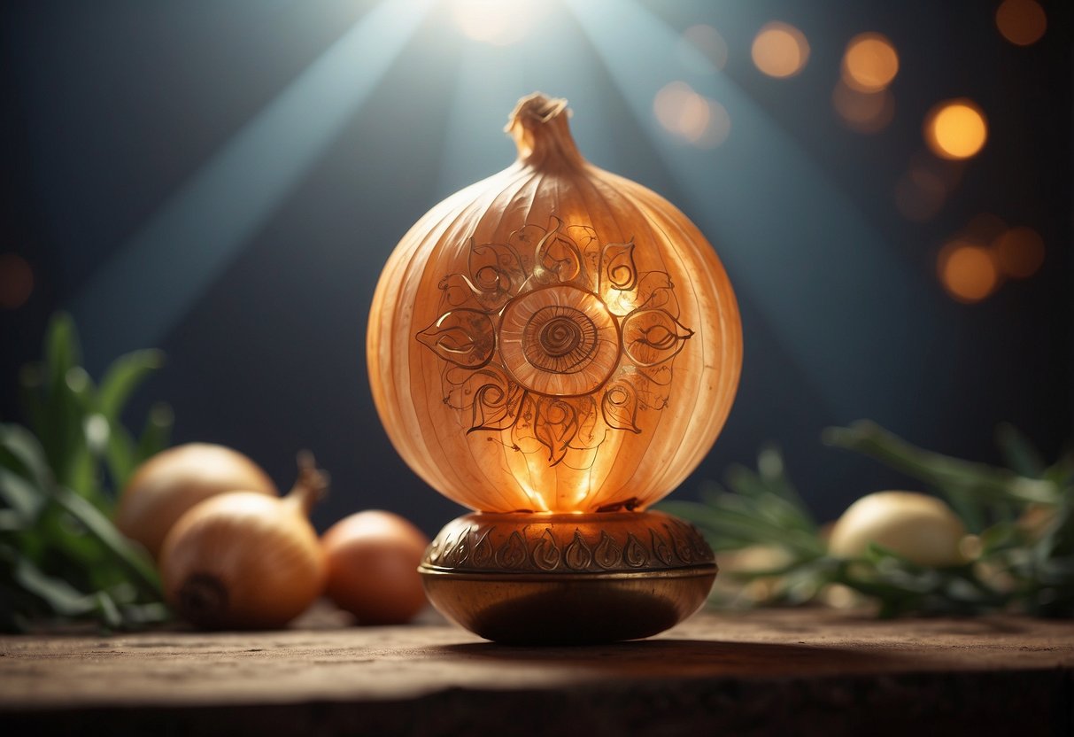 A glowing onion radiates healing energy, surrounded by ethereal light and symbols of spiritual significance