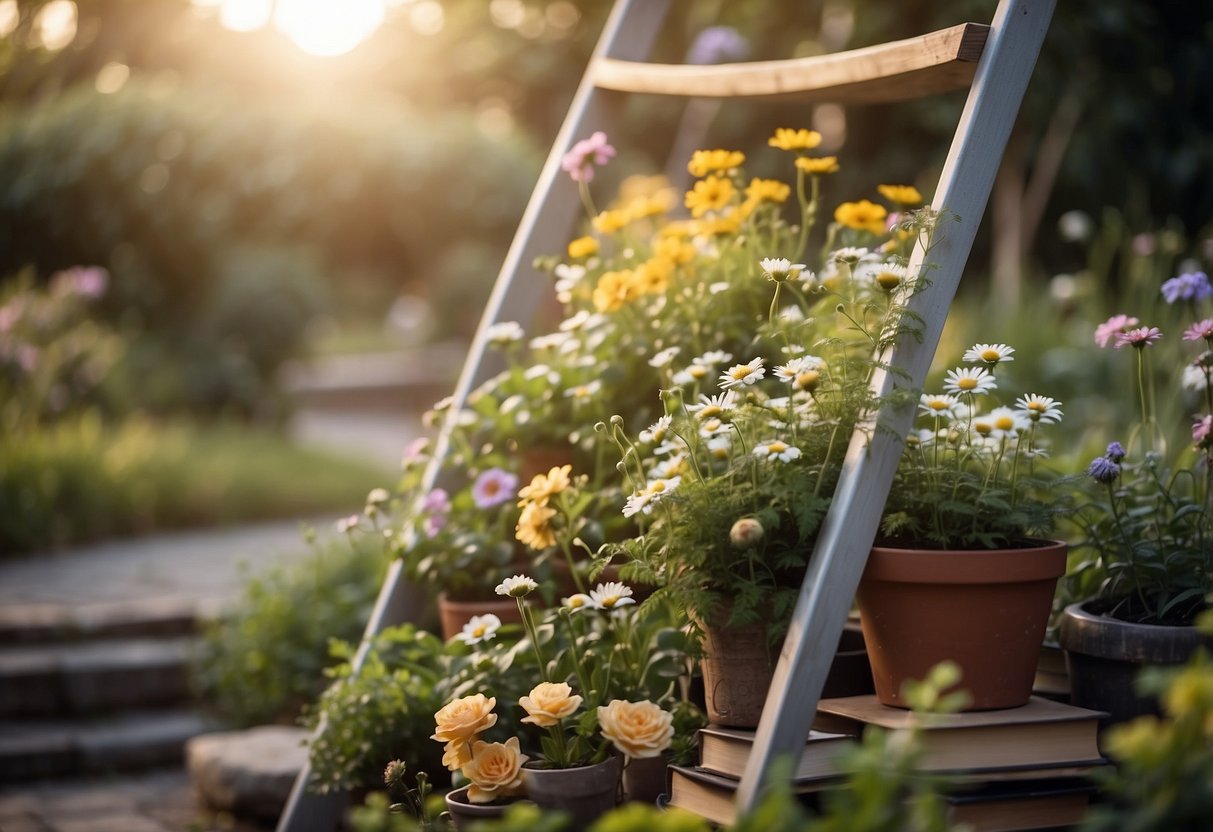 A garden with a blooming flower surrounded by symbols of personal growth, such as a ladder, books, and a shining light