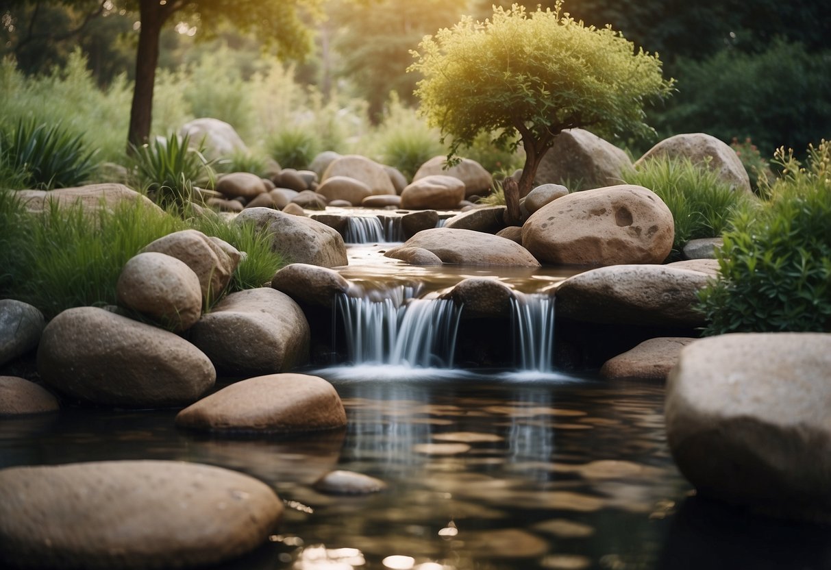 A tranquil garden with flowing water and balanced rock formations, surrounded by peaceful nature