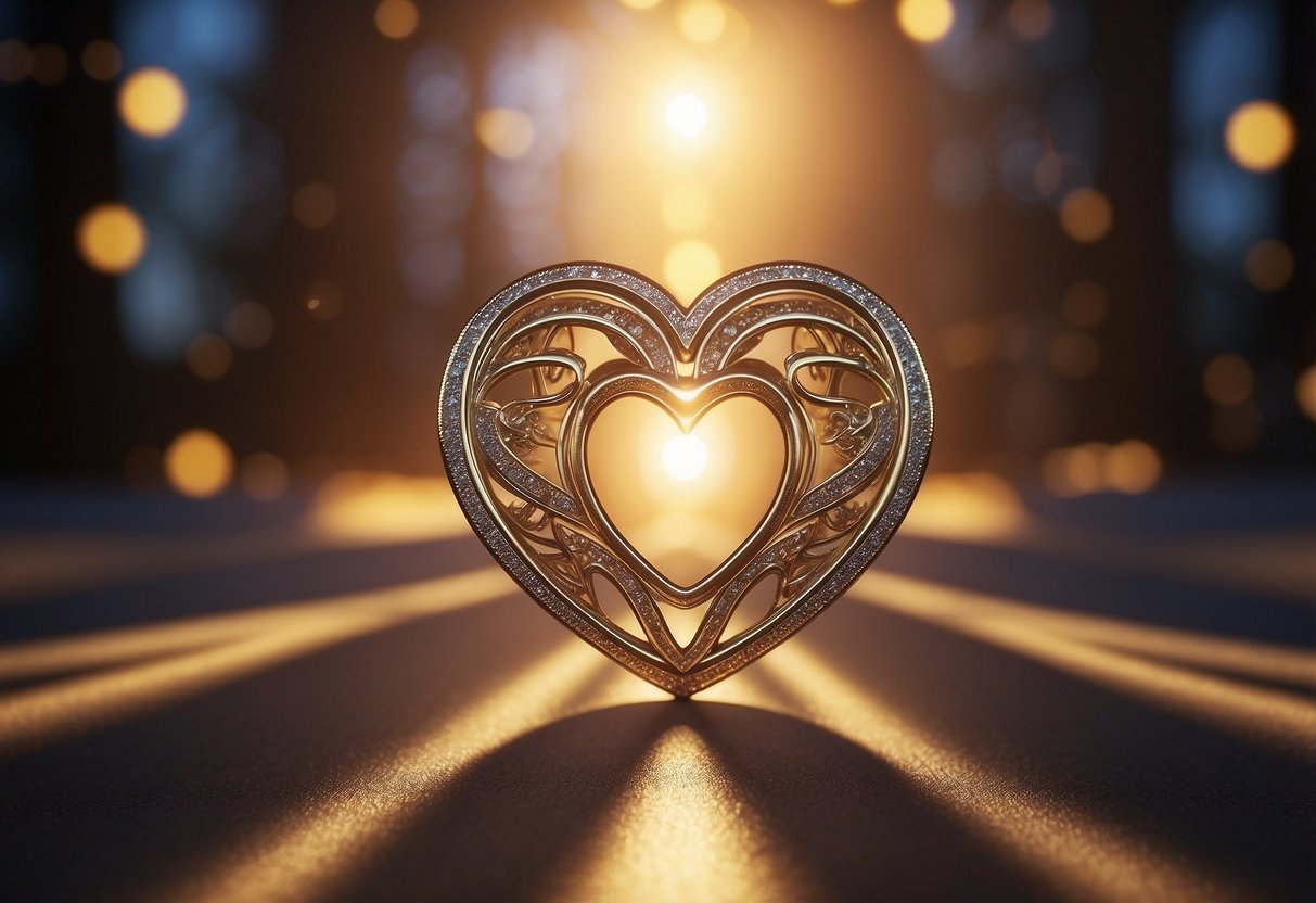 A heart-shaped angelic figure hovers above two intertwined rings, radiating warmth and light