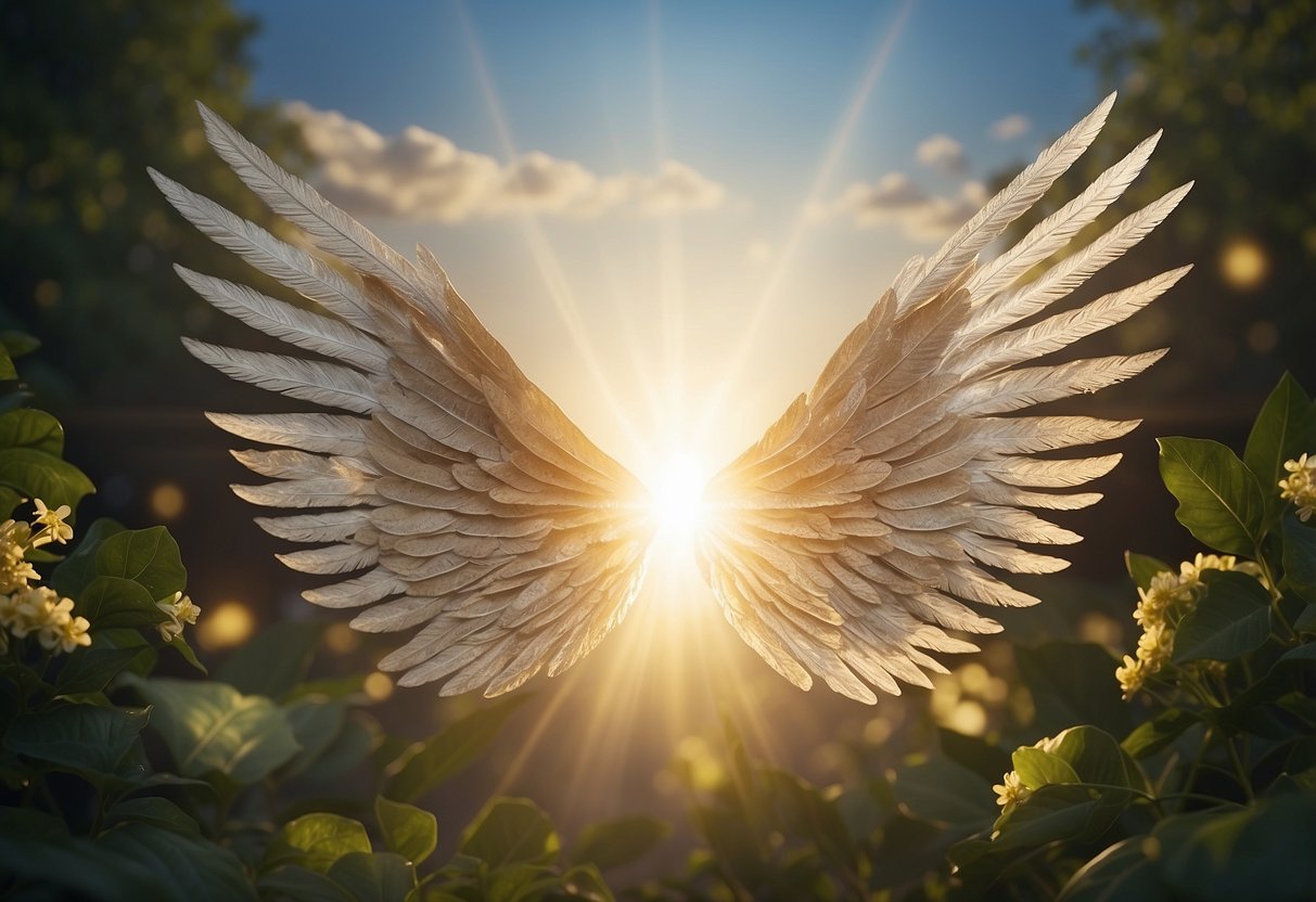 A serene garden with a glowing halo of light surrounding a pair of angel wings, while the number 2626 floats in the air, radiating a sense of peace and divine guidance