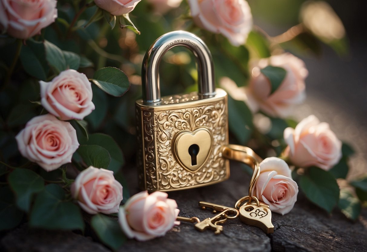 A heart-shaped lock with the numbers 20:20 engraved on it, surrounded by blooming roses and intertwined with ribbons